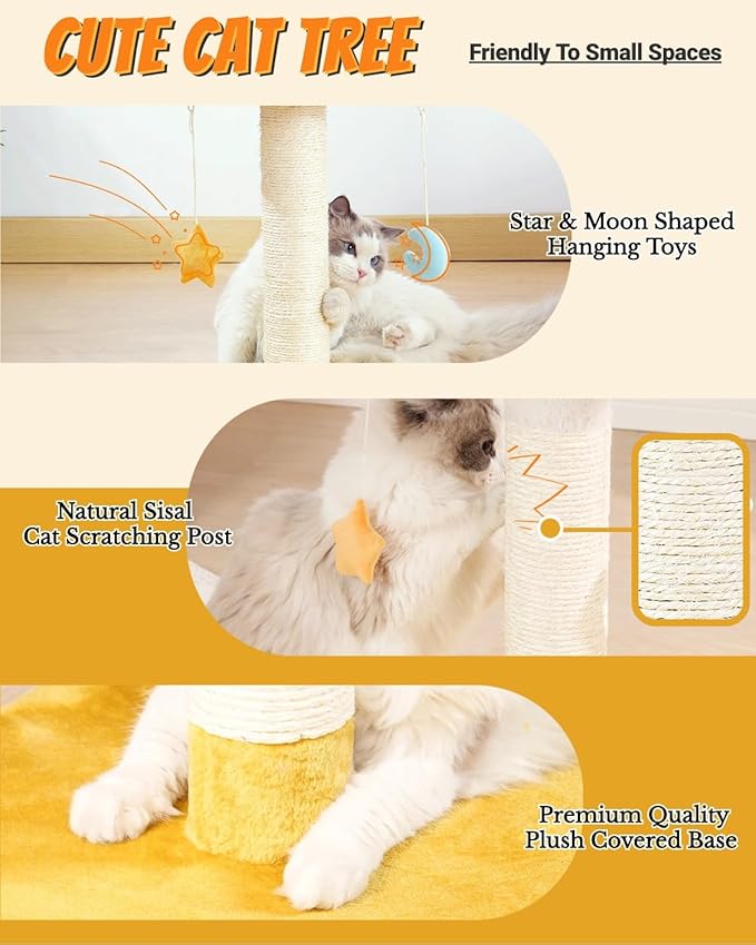 Happi N Pets Cloud Cat Tree, Cat Scratching Post with Bed, Cat Tree Tower for Indoor Cats, Sisal Cat Scratcher with Soft Perch for Kitten & Adult Cats, Small Cat Tower with Toys, Cat Scratch Post