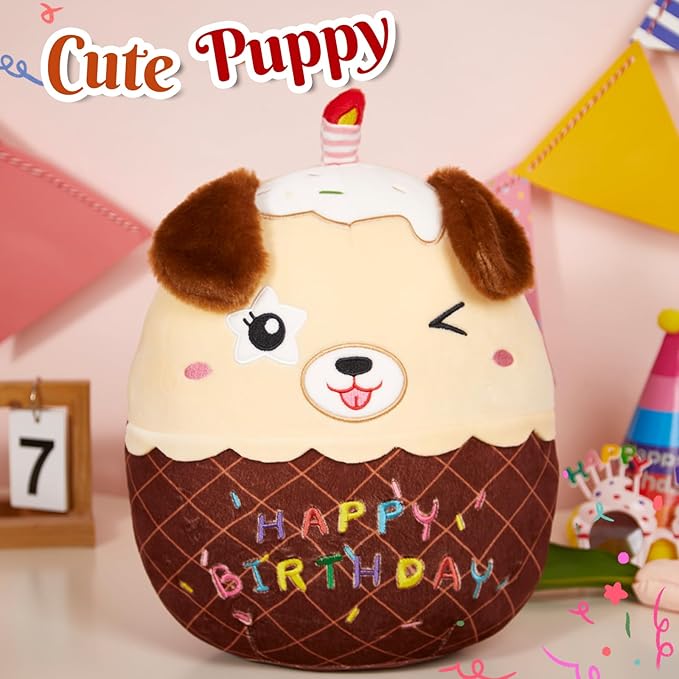 14" Birthday Cake Dog Plush Puppy Stuffed Animals Original Wink Dog Plushie Cuddle Pillows Happy Birthday Gift for Kids Boys Girls