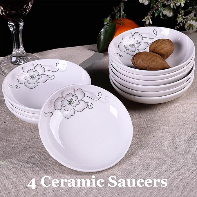 4 Pack Saucer Dishes with Flower Pattern, Ceramic Dipping Bowls, 4 Inch Side Dishes Sauce Dishes for Sushi Sauce Snack, Porcelain Seasoning Dishes Appetizer Plates, Snack Serving Dishes