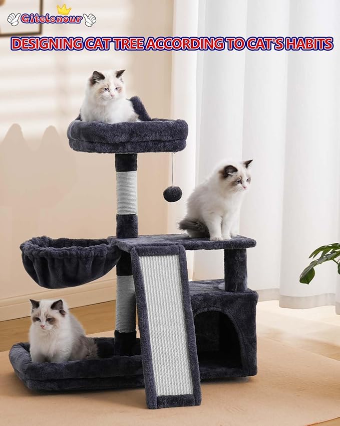 Cat Tree, Cat Tower with condo, Basket, Large Bed, Platform, Scratch Board, Cat Scratching Posts for Indoor Cats, Smoky Gray GCT002SG