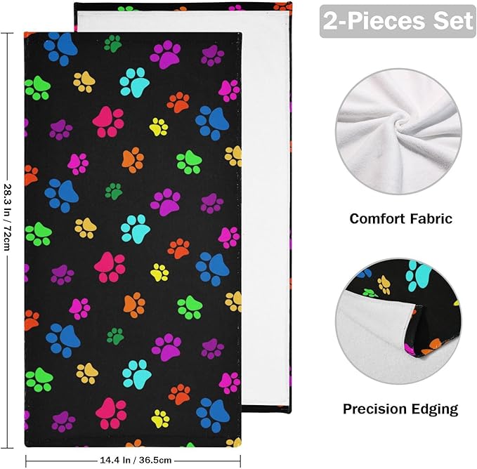 2 Pack Colorful Dog Cat Paws Print Hand Towels for Bathroom,Soft Absorbent Funny Animal Pet Paw Bath Hand Towels for Kitchen,Black Decorative Guest Bathroom Towels for Face,Shower,Gym 14"x28"