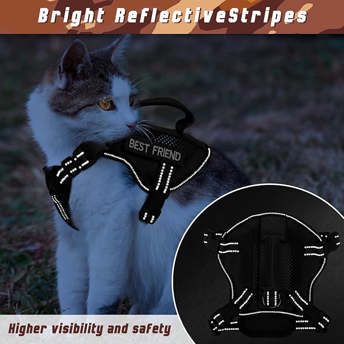 Tactical Cat Harness, Air Mesh Cat Walking Vest Harness Escape Proof, Reflective Large Cat Harnesses with Handle for Adult Fat Cats (Black, L)
