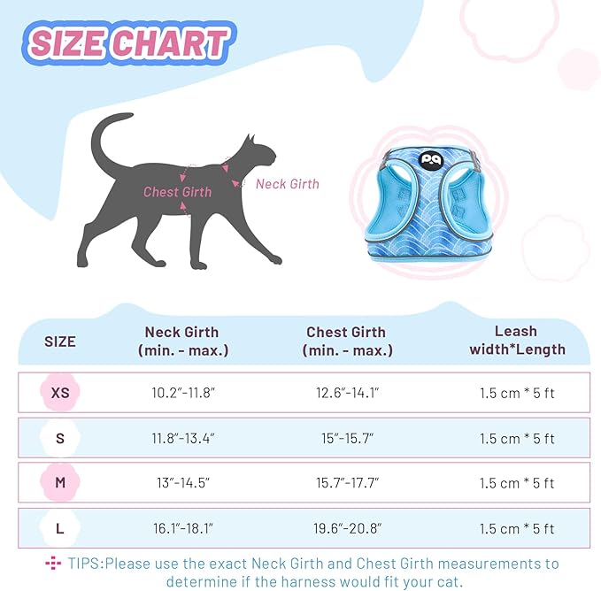 Cat Vest Harness Leash Set: Escape Proof & Reflective Kitten Soft Mesh Vest for Small Medium Large Puppy Pets Walking Hiking and Traveling(Large,Blue)