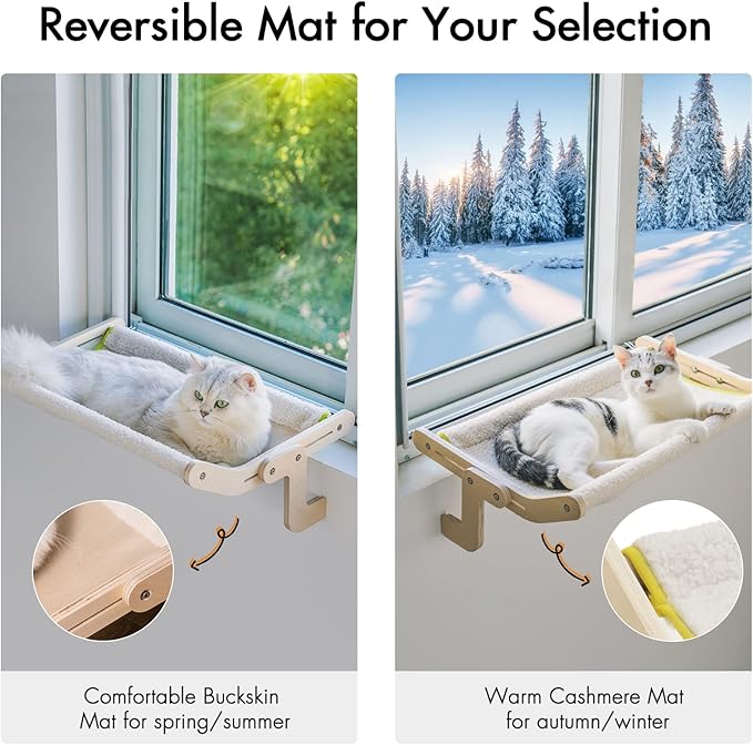 MEWOOFUN Sturdy Larger Cat Window Perch Cat Hammock for Window Cat Window Seat Bed with Reversible Mat No Suction No Drilling Cat Perches Holds Up to 40lbs (Beige-Large)