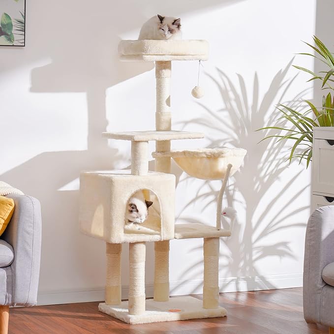 Heybly Cat Tree with Toy, Cat Tower condo for Indoor Cats, Cat House with Padded Plush Perch, Cozy Hammock and Sisal Scratching Posts, Beige HCT004M