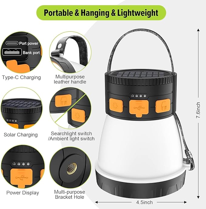 2 Pack LED Camping Lantern, 1500 Lumens Camping Lantern Rechargeable with Solar Panel Charging, Waterproof, 8 Light Modes, 7500mAh Power Bank, Camping Flashlight for Hurricane Emergency, Outdoor