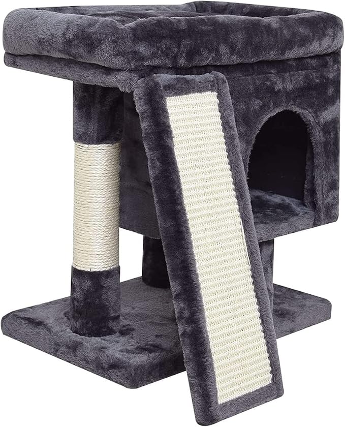 SYANDLVY Small Cat Tree for Indoor Cats Large Adult, Cat Tower with Scratching Post, Modern Cat House with Padded Perch, Kittens Condo with Board, Cat Cave (Smoky Grey)
