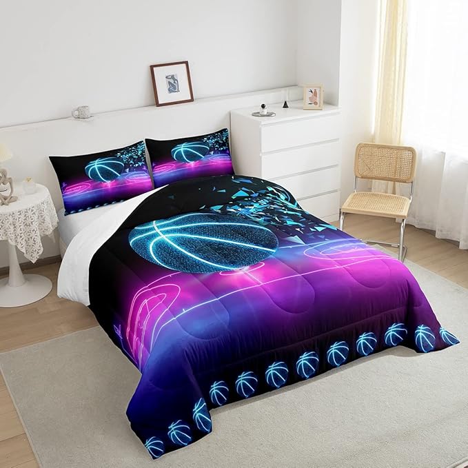 Basketball Comforter Set Twin Size Neon Sport Bedding Set For Kids Boys Girls Teens Blue Purple Gradient Glowing Basketball Down Comforter Room Decor Lightweight 1 Pillow Case Duvet Insert