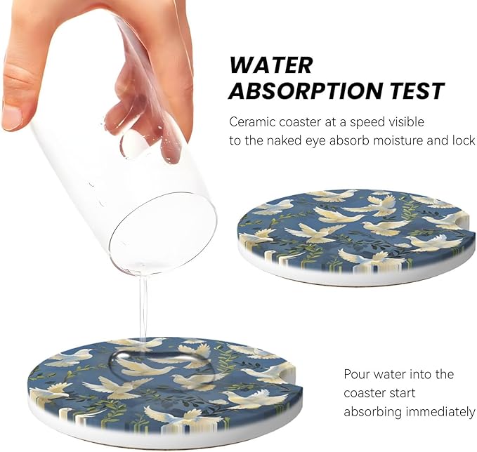 Absorbent Ceramic Car Coasters for Cup Holders, Pigeon Design 2.56" Anti Slip Universal Drink Cup Coasters for Women Men (2 Pack)