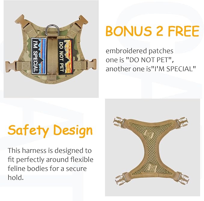 Tactical Cat Harness for Walking, Adjustable Escape Proof Pet Vest for Large Cat,Easy Control Breathable Cat Vest with Handle，Molle Patches (camo Khaki, L)