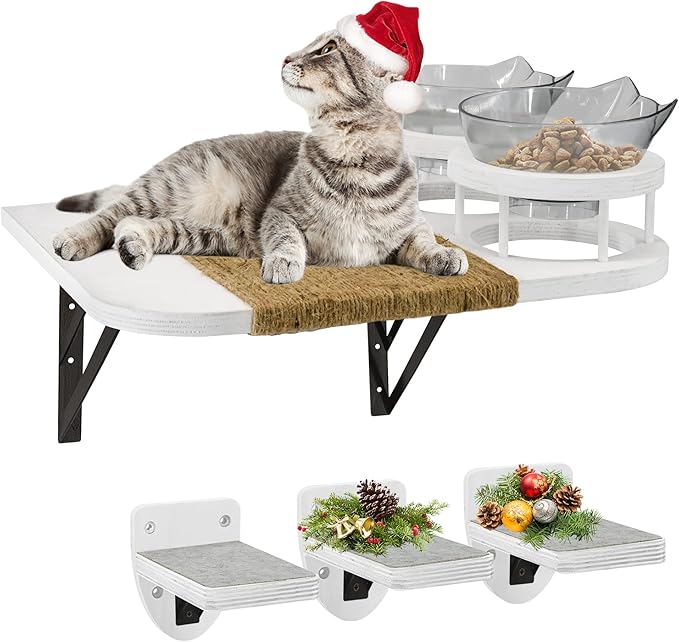 Cat Wall Shelves with 3 Steps, Cat Shelves and Perches for Wall, Cat Wall Furniture Set, Cat Climbing Shelves Cat Wall Shelf with 2 Cat Food Shelf and Plush Covered, Gift for Cat