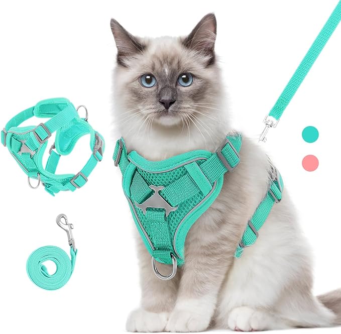 Cat Harness and Leash Set for Walking, Adjustable Kitten Vest Harness with Reflective Strip Breathable Mesh, Escape Proof Soft Pet Safety Vest for Cats, Kittens, Puppies, M, Lake Blue