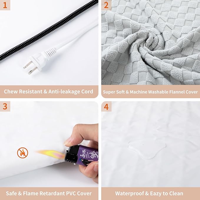 Cat Heating Pad, Heated Cat Bed Indoor, Heated Dog Bed with Steel-Wrapped Cord, 25-Level Timer & 11-Level Adjustable Temperature Pet Heating Pad, 18x18 Inch