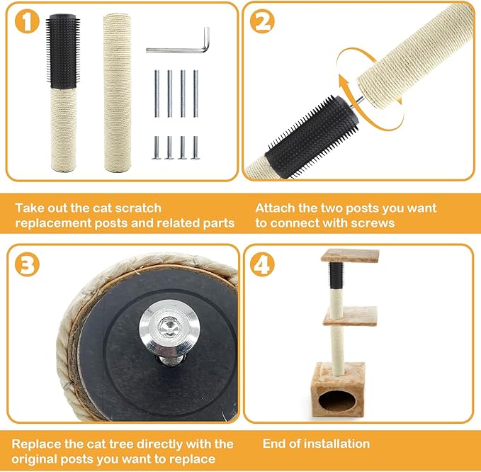 Cat Scratching Post Replacement,15.7 in M8 Cat Tower Replacement Poles with Self Groomer Massage Natural Sisal Refill Pole Parts Climbing Tickling Clawing for Indoor Cats Furniture Accessories
