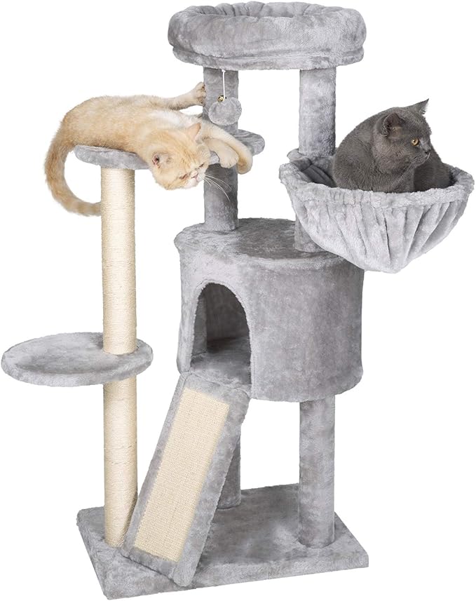 Hey-brother Cat Tree with Scratching Board, Cat Tower with Padded Plush Perch and Cozy Basket, Multi-Platform for Jump, Light Gray MPJ005W