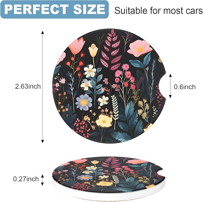 2 Pack Car Cup Holder Coasters, 2.63 Inch Anti Slip Ceramic Absorbent Coaster with Cork Base and Finger Notch, Cute Car Accessories Interior for Women