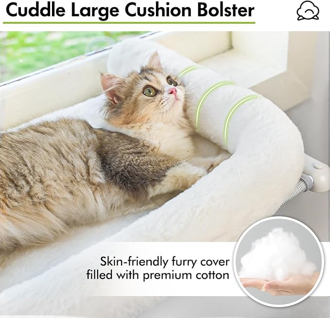 Cat Window Sill Perch with Large Bolster, Easy to Adjust & Assemble Cat Window Seat for Windowsill & Bedside, Cat Hammock Bed for Large Cats and Kittens (White, L)