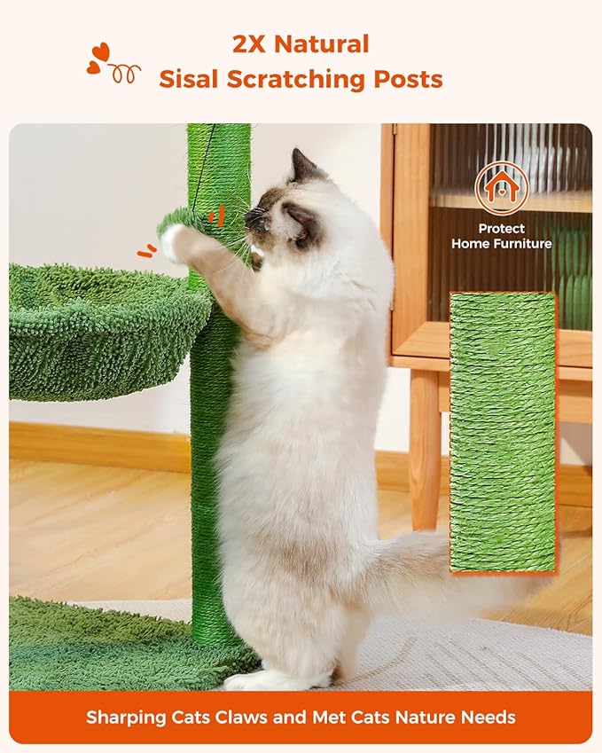 Cat Tree Tower for Kitten with Hammock, Cat Scratching Post for Indoor Medium Cats with Large Perch Dangling Ball and Full Wrapped Natural Sisal Rope Green M