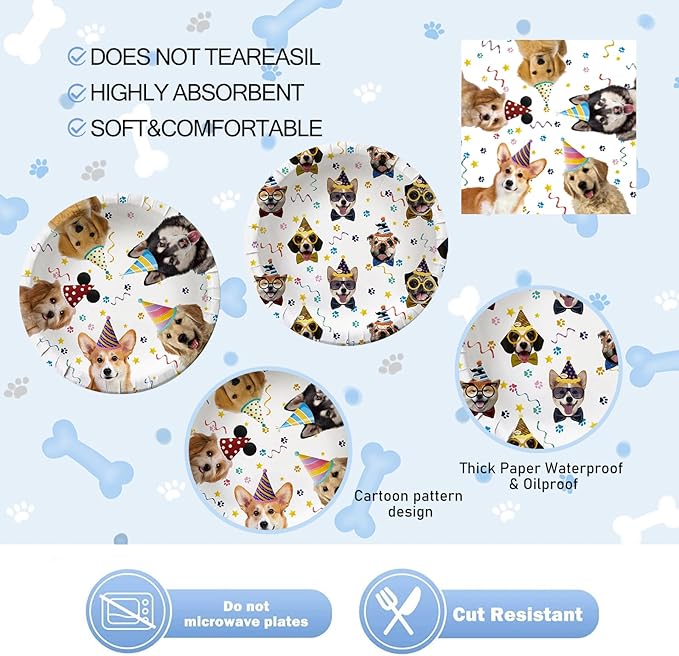 80PCS Dog Party Supplies - Puppy Dog Paper Plates and Napkins for Kids Doggy Birthday or Babyshower Party Decorations, Serves 40