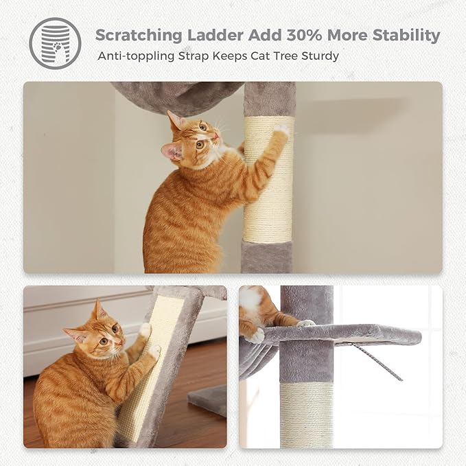 PETEPELA Floor to Ceiling Cat Tree, Cat Tower 5 Tiers Tall (83-108 Inches) Adjustable Height, Cat Climbing Tree Featuring with Cat Condo, Cat Scratching Post and Cat Perches for Indoor Cats, Grey