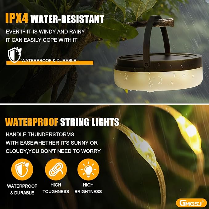 2 PCS Solar Camping String Lights,40.45FT Fairy String Lights with 10 Lighting Modes,Waterproof Camping Lamp with Remote Control,Solar Power and USB Rechargeable Camping Lights for Yard Hiking