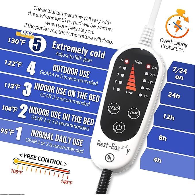 Rest-Eazzzy Cat Heating Pad, Cat Bed with Removable Cover Heated Cat Bed 5 Level Timer and 5 Level Temperature, Cat Beds for Indoor Warming Mat for Cat Dog (Heat pad, Pure-Grey,L)