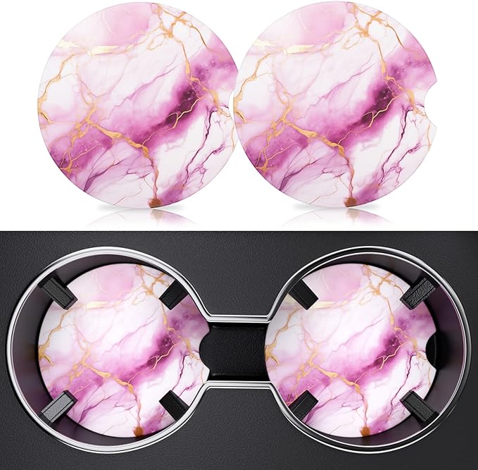 2 Pack Car Cup Holder Coaster, 2.63 inch Anti Slip Insert Absorbent Ceramic Car Coaster with Cork Base and Finger Notch, Cute Car Accessories Interior for Women, Cute Car Coasters., CH0025