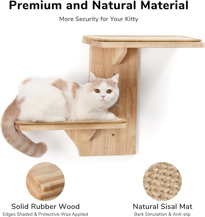 FUKUMARU Cat Wall Shelves, 2 Platform Cat Wall Furniture, Tree Shape Wall-Mounted Cat Floating Shelf with Sisal Mat, Solid Rubber Wood Cat Perch for 16 Inch Drywall, Suitable for Climb, Play, Nap