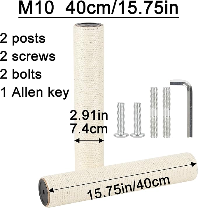 7.4cm 2.91in Diameter Cat Tree Scratching Post Replacement Sisal Pole Parts for Cat Tower (M10, 15.75in/40cm)