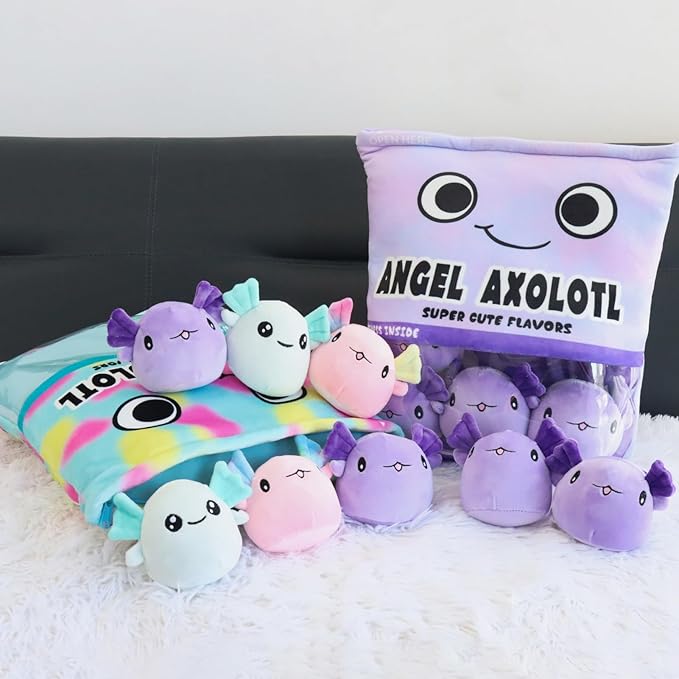 Axolotl Plush Pillow, Cute Axolotl Pillow with Axolotl Plushies, Bag of Axolotl Stuffed Animal Dolls, Stuffed Axolotl Gift for Kids, Cute Plush Axolotl Toy for Birthday, Christmas (Colorful Axolotl)
