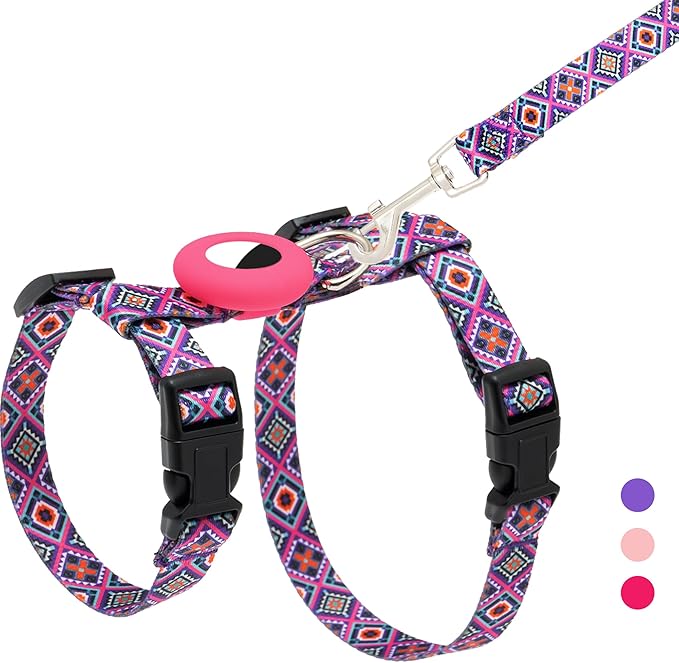 Cat Harness and Leash Escape Proof for Walking Travel Outdoor - Soft Nylon Adjustable Cute Cat Harness Leash Set with Airtag Holder for Small Medium Large Cats