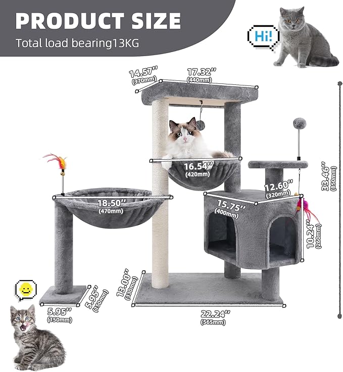 YOUPET 33.46" Cat Tree Tower with Cat Condo and Scratching Post for Indoor Cats, Activity Center Cat Furniture with Two Big Hammock and Spring Toy Balls, Grey