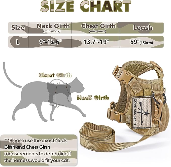 Tactical Cat Harness and Leash, Escape Proof Large Cat Walking Vest,Adjustable Soft Mesh Pet Vest Harness with Control Handle, Molle Patches Khaki