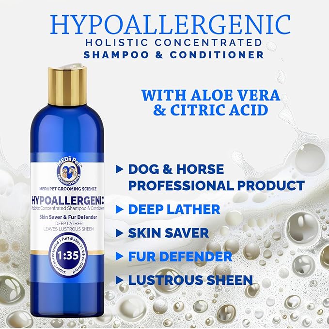 16oz Super Concentrated Hypoallergenic Dog & Cat Shampoo & Conditioner. Gentle Cleansing for Sensitive Skin, Itch Relief Formula, Puppy Safe Makes 4 gallons when diluted or use full strenght