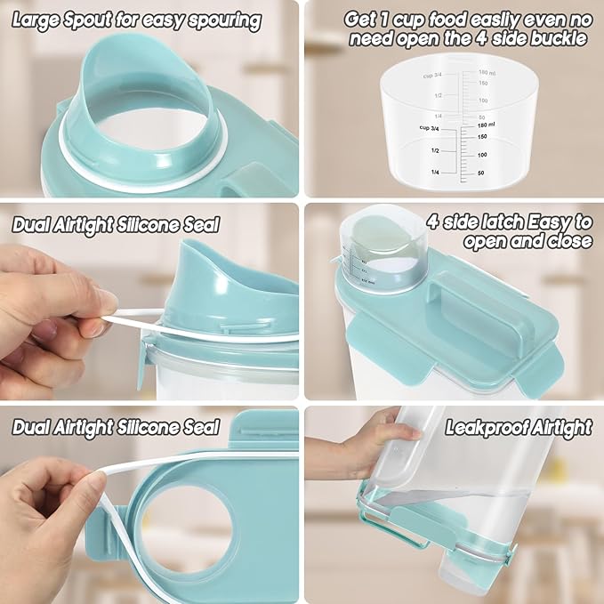 10LBS Dog Cat Storage Container Portable with Upgraded Large Spout and Cup,Plastic Pet Food Dispenser for Small Animal Kibble, Bird Seed,Oatmeal,Rice,flour,brown sugart-2 pack Light Blue