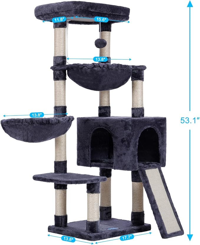 Hey-brother Large Cat Tree, Cat Tower for Indoor Cats, Cat House with Padded Bed, Cozy Condo, Hammocks, Sisal Scratching Posts, Big Scratcher, Smoky Gray MPJ006-MG