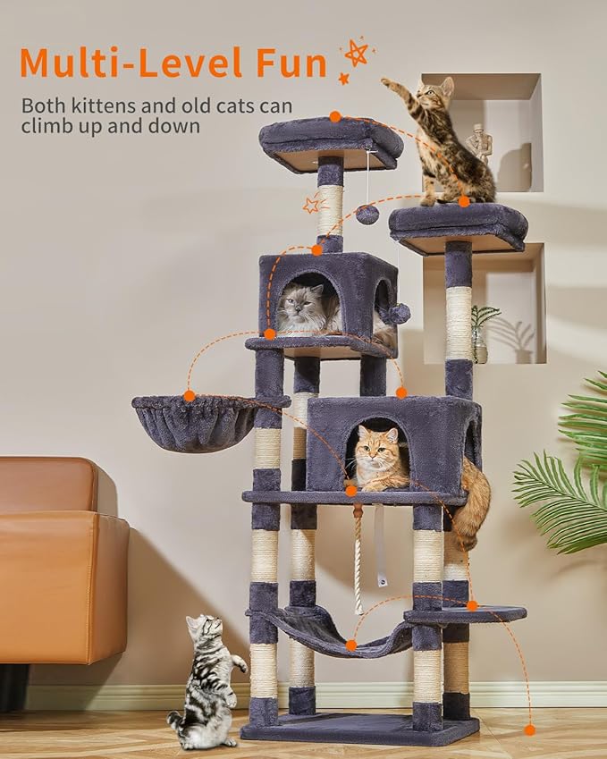 Taoqimiao Cat Tree, 66.2-Inch Cat Tower for Indoor Cats, Plush Multi-Level Cat Condo with 12 Scratching Posts, 2 Perches, 2 Caves, Hammock, 2 Pompoms, Smoky Gray MS013G
