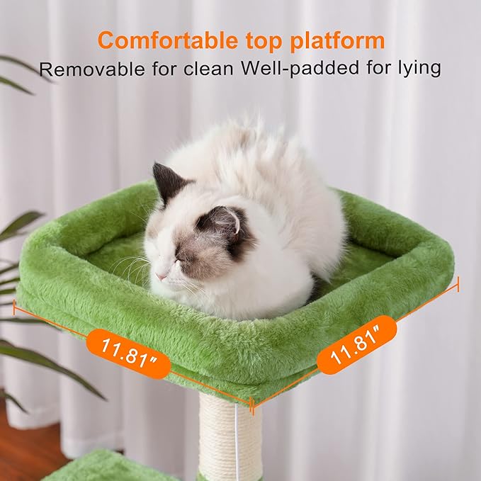 Heybly Cat Tree with Toy, Cat Tower condo for Indoor Cats, Cat House with Padded Plush Perch, Cozy Hammock and Sisal Scratching Posts, Green HCT004SGR