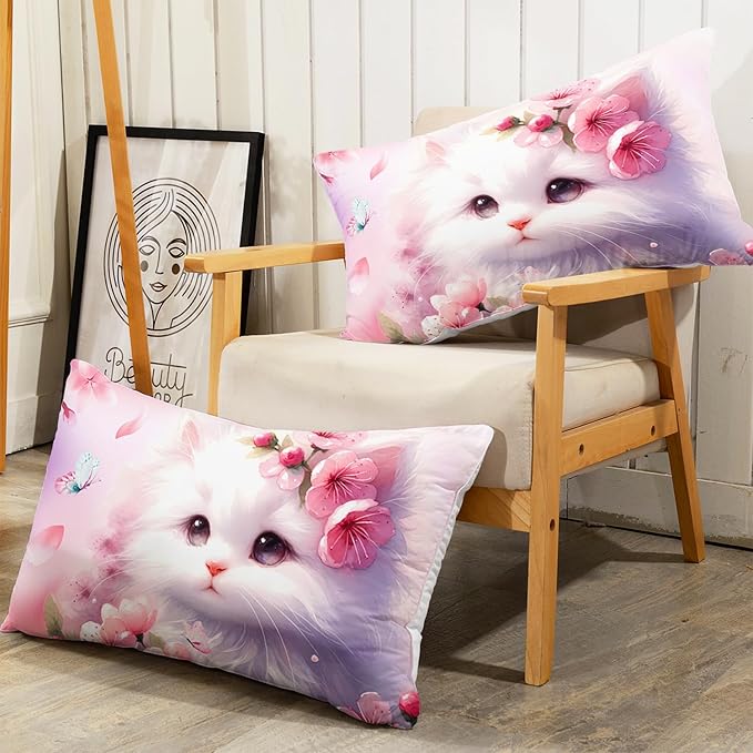 AILONEN Kids Twin Bedding Set, Pink Cherry Blossom Kitten Comforter Set for Girls, Kawaii Cat Duvet With 2 Pillowcases, 3 Piece Butterfly Soft Bedding