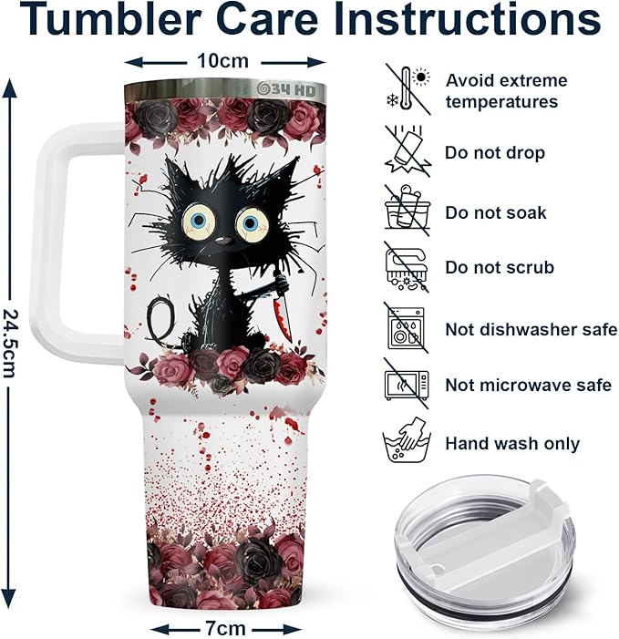 34HD Crazy Cat Tumbler with Lid & Straw, 40 oz Stainless Steel Vacuum Insulated Put You In The Trunk Mug, Funny Gifts for Cat Lover Women Men, Black Kitty Gifts for Birthday Halloween Christmas
