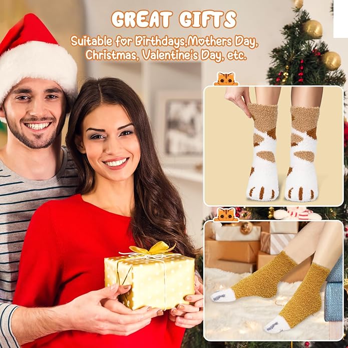 3-6 Pairs Womens Fuzzy Socks Cozy Fluffy Slipper Socks Cute Soft Cat Animal Winter Warm Sleep Socks Gifts