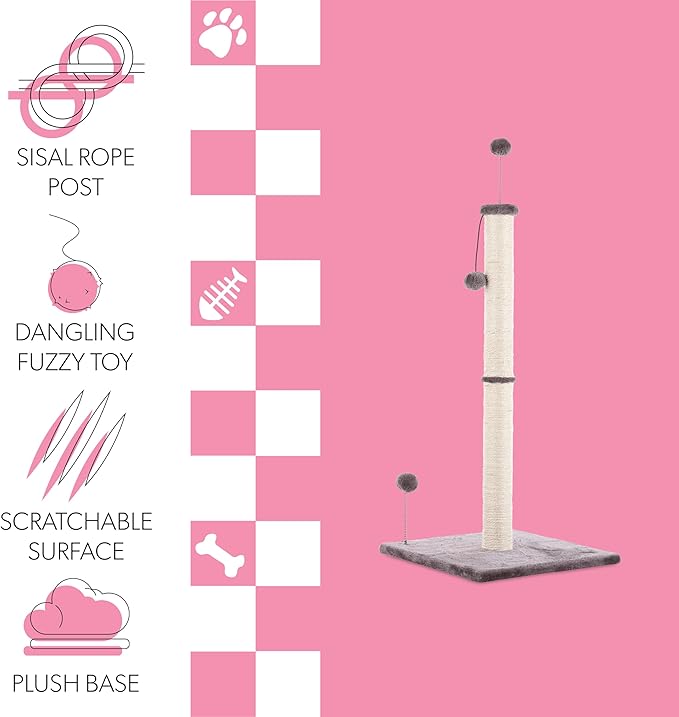 CTR1010A Rylie 38" Farmhouse Sisal Pillar Cat Scratching Post with Fuzzy Toys and Spring Balls, Gray/Cream