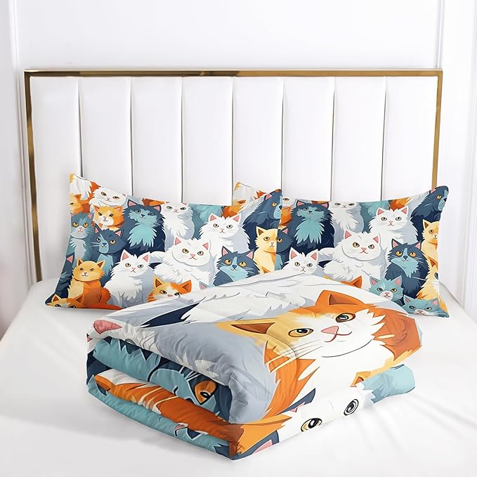 AILONEN Cartoon Cat Comforter Set Queen Size, Cute Pet Cat Bedding Set,Girls Kids Kawaii Duvet Set 3 Pieces, 1 Quilt and 2 Pillowcases