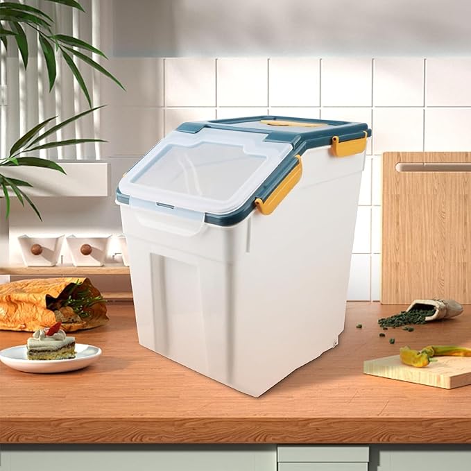 AnRui 2Pcs Airtight Flour Storage Containers 45LB, Large Rice Storage Container, Plastic Cereal Grain Dispenser Organizer Pet Dog Cat Food Storage Bin with Lid, with Measuring Cup, Scoop, Blue