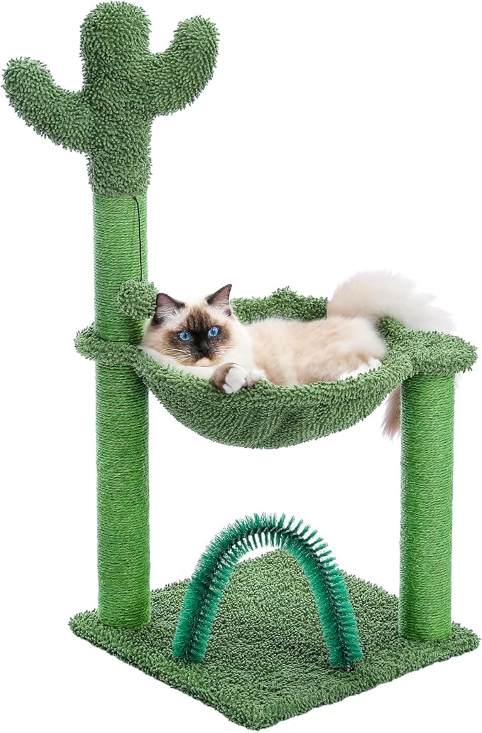 Cactus Cat Tree for Medium Cats with Arch Cat Self Groomer and Hammock, Cat Scratching Post for Indoor Kitten with Dangling Ball and Full Wrapped Natural Sisal Rope,Green