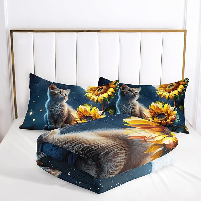 AILONEN Cute Cat Comforter Set Queen Size, Sunflowers Cat Bedding Set,3D Starry Moon Cat Comforter Set for Boys Girls,Kawaii Cat Duvet Set 3 Pieces, 1 Quilt and 2 Pillowcases