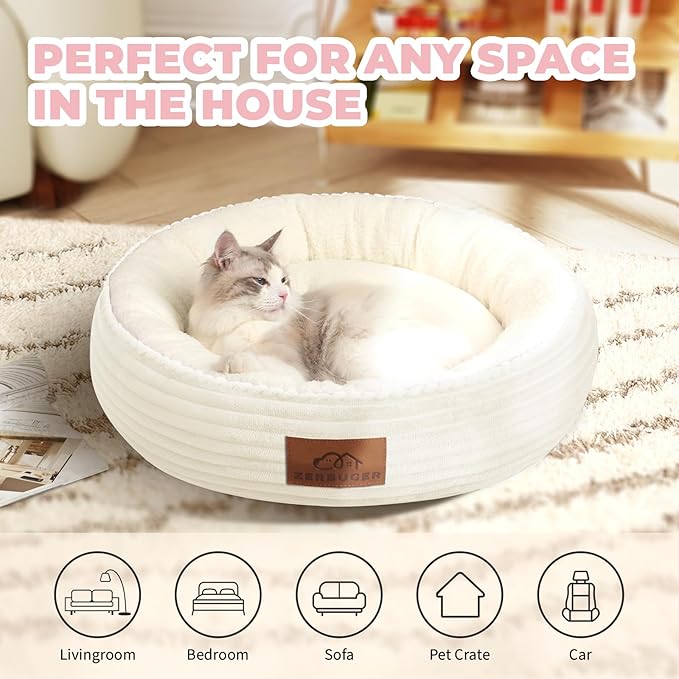 20in Cream Round Cat Dog Bed Gift for Large Medium Small Dogs Cats, Machine Washable Sleeping Sofa, Non-Slip Bottom Breathable Soft Calming Pet Cuddler for Indoor/Outdoor/Car/Cage