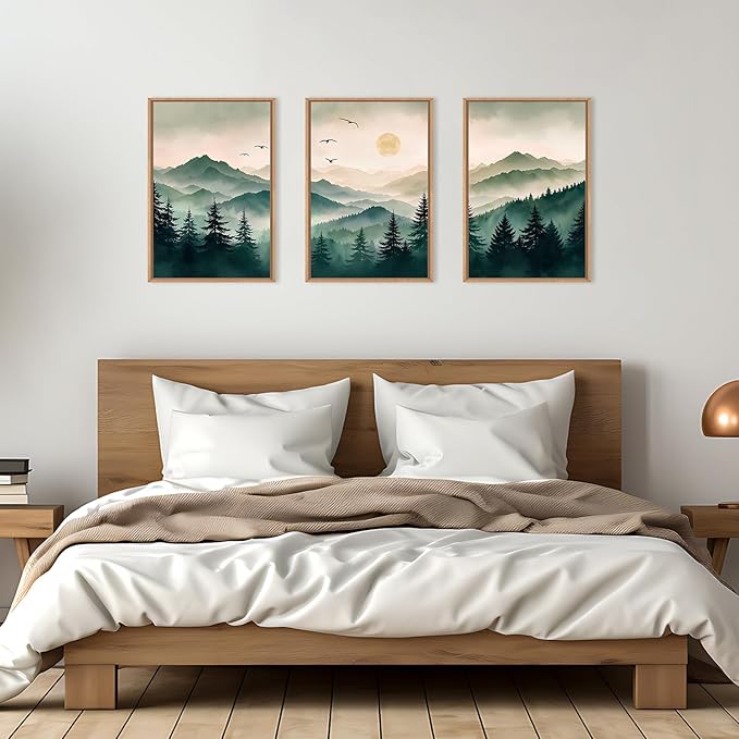Ausril Misty Forest Framed Canvas Wall Art Set, Boho Mountain Landscape Wall Decor, Pine Tree Wall Painting, Nature Sunrise Art Prints for Living Room, Bedroom, Dining Room, Office - Large 16"x24"x3
