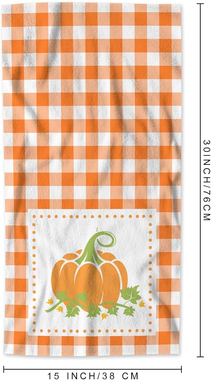 AOYEGO Pumpkin Towels Orange White Plaid Buffalo Thanksgiving Autumn Harvest Season Halloween Bathroom Kitchen Hand Towels Beach Bath Face Towels for Yoga Swim Golf 15x30 Inch