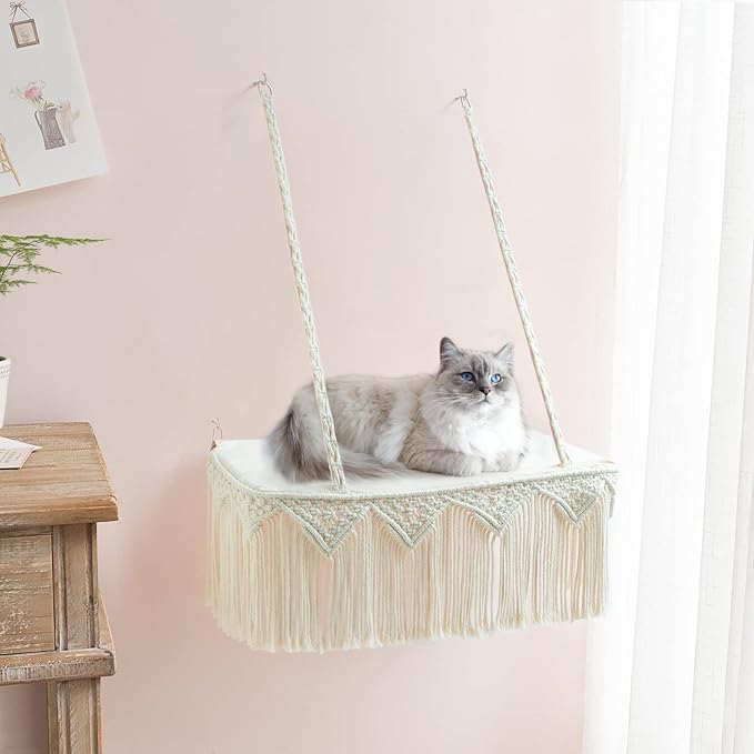 Dahey Macrame Cat Window Perch Boho Cat Hammock Wall Mounted Pet Resting Seat Bed for Indoor Cats Safety Space Saving kitty Swing Shelf with Tassel Holds up to 45 lbs with Screw Suction Cups, Gift